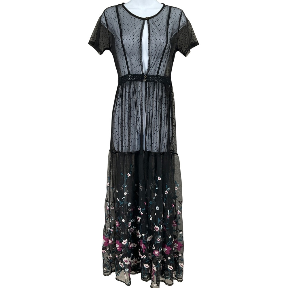 Maxi Dress‎ Women Small Black Nylon Mesh Floral Embroidered Boho Sheer Romantic